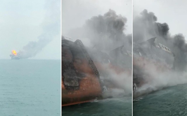 Cận cảnh tàu chở dầu treo cờ Việt Nam sau khi cháy ngùn ngụt ngoài khơi Hong Kong
